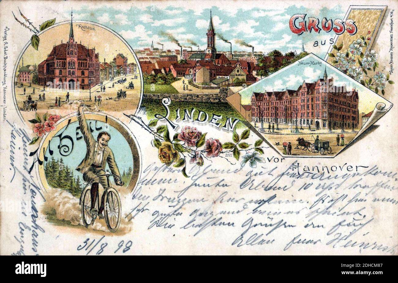 Kunst Anstalt Rosenblatt Frankfurt am Main Ansichtskarte 2172 Verlag Dr. Adolf Edel, Linden (Deisterstraße), Gruss aus Linden vor Hannover, All Heil, Bildseite Rathaus von-Alten-Garten St. Martinskirche Lindener Marktplatz. Foto Stock