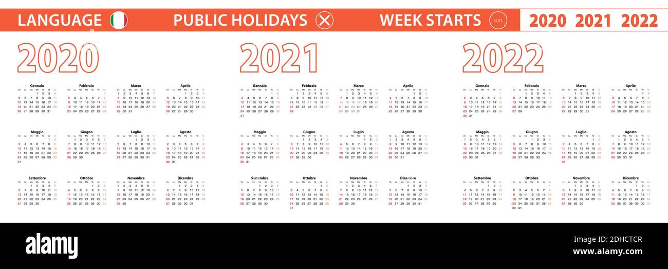 2022, 2021, 2020 anni di calendario vettoriale in lingua italiana, la settimana inizia la domenica. Calendario vettoriale. Illustrazione Vettoriale