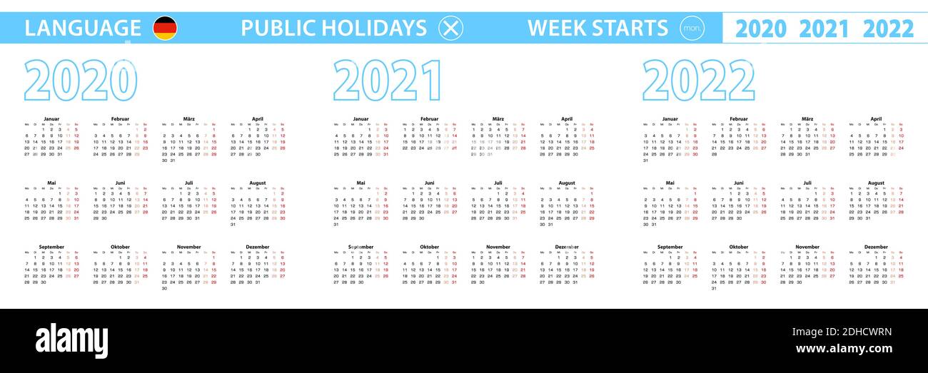 Semplice modello di calendario in tedesco per 2020, 2021, 2022 anni. La settimana inizia dal lunedì. Illustrazione vettoriale. Illustrazione Vettoriale