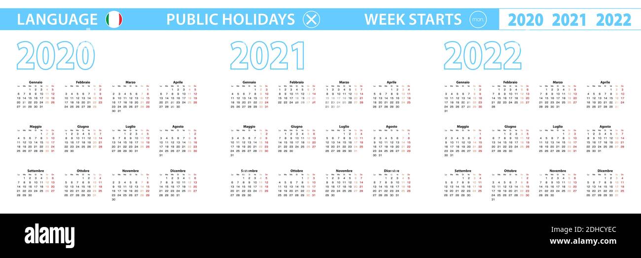 Semplice modello di calendario in italiano per 2020, 2021, 2022 anni. La settimana inizia dal lunedì. Illustrazione vettoriale. Illustrazione Vettoriale