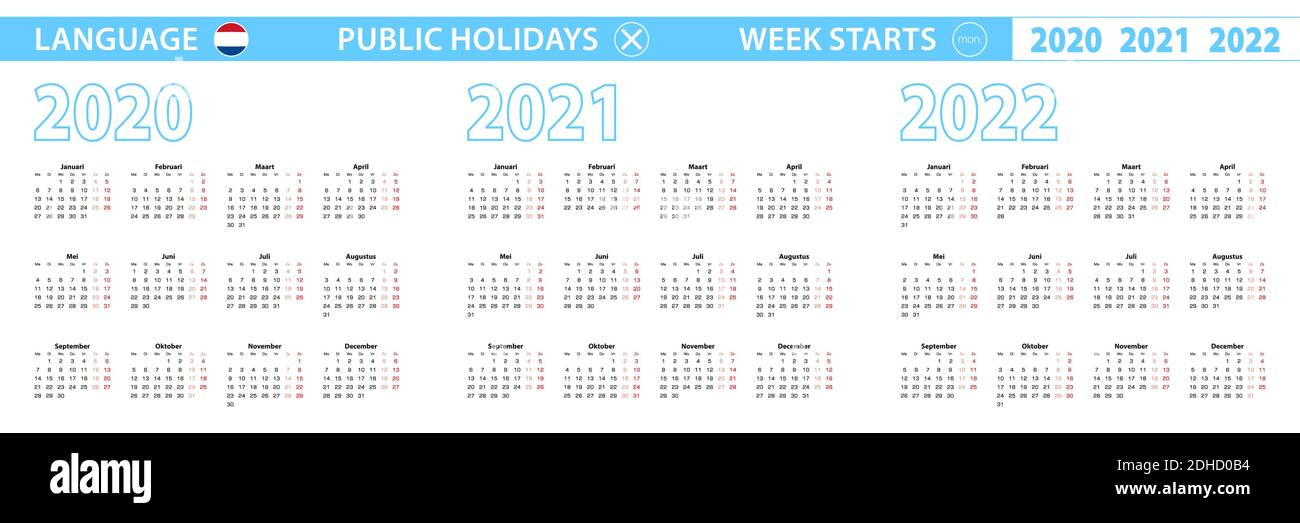 Semplice modello di calendario in olandese per 2020, 2021, 2022 anni. La settimana inizia dal lunedì. Illustrazione vettoriale. Illustrazione Vettoriale