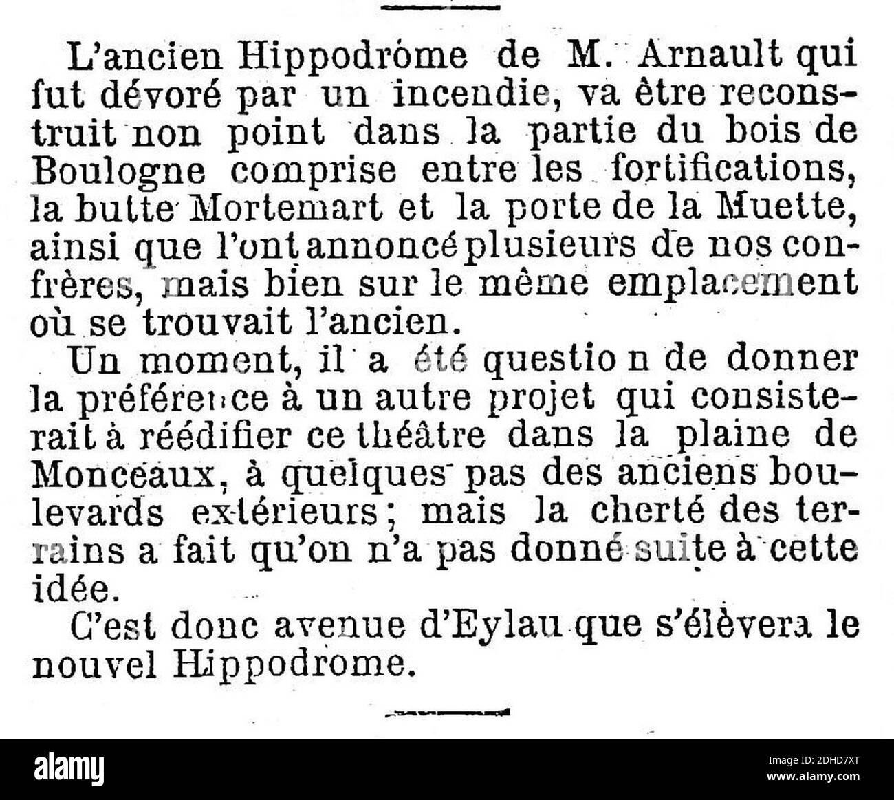 La Presse - 24 juin 1873 - Page 3 - 2ème colonne - Projet de reconstruction de l'Hippodrome qui a été détruit. Foto Stock