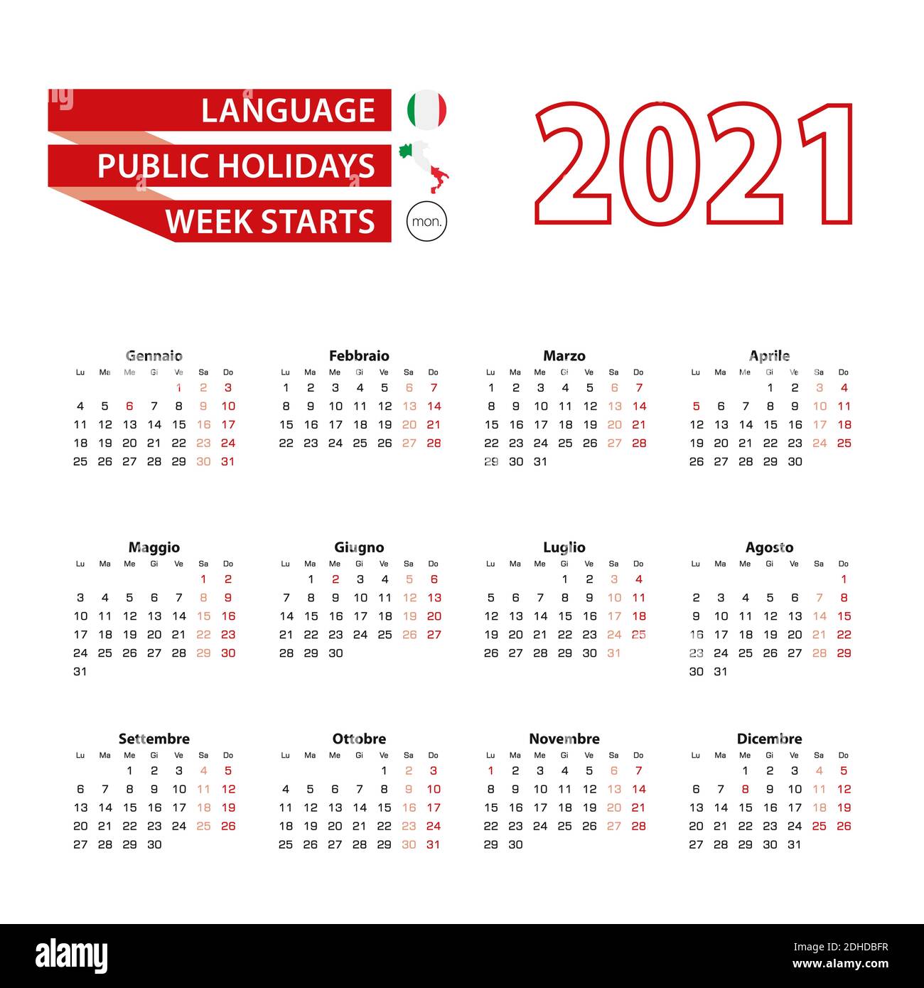 Calendario 2021 in lingua italiana con giorni festivi il paese d'Italia nel 2021. La settimana inizia dal lunedì. Illustrazione vettoriale. Illustrazione Vettoriale