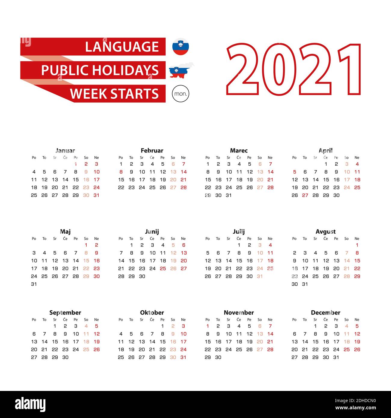 Calendario 2021 in lingua slovena con giorni festivi il paese della Slovenia nel 2021. La settimana inizia dal lunedì. Illustrazione vettoriale. Illustrazione Vettoriale