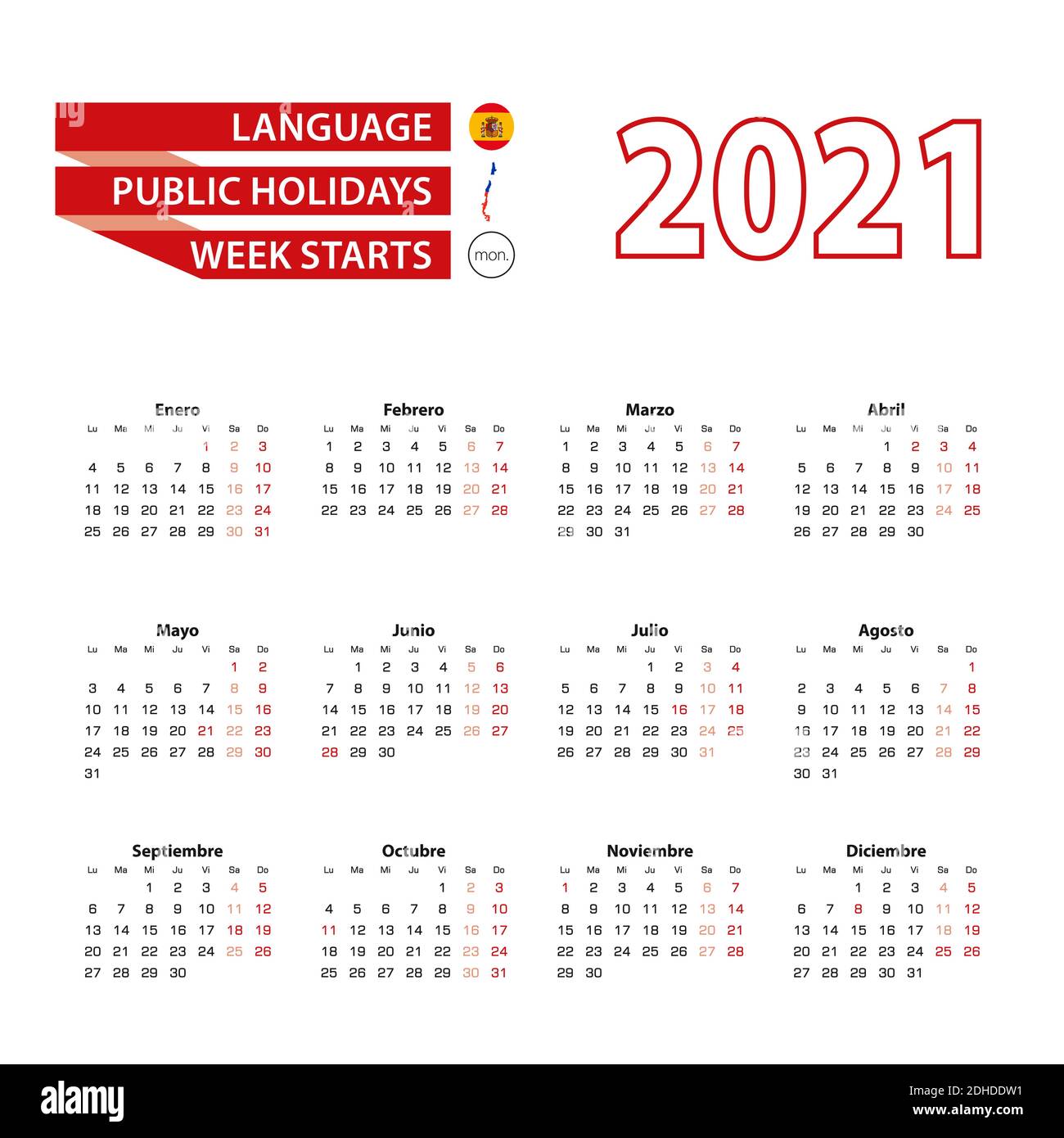 Calendario 2021 in lingua spagnola con giorni festivi il paese del Cile nel  2021. La settimana inizia dal lunedì. Illustrazione vettoriale Immagine e  Vettoriale - Alamy