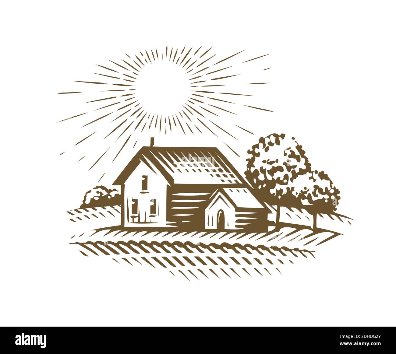 Schizzo dell'emblema della fattoria. Agricoltura, agricoltura, villaggio vintage illustrazione vettoriale Illustrazione Vettoriale