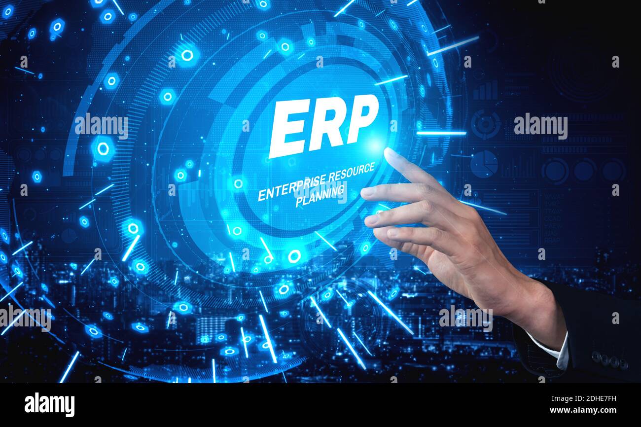 Enterprise Resource Management sistema software ERP per il piano delle risorse aziendali presentato in una moderna interfaccia grafica che mostra la tecnologia futura a. Foto Stock