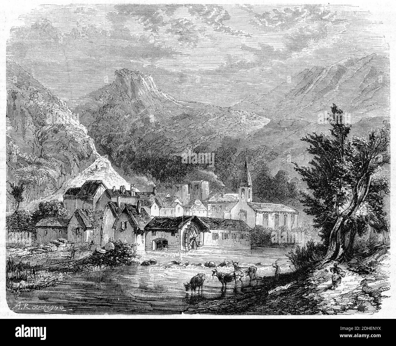 L'Illustrazione 1862 Gravure Sant Julià de Lòria, Andorra. Foto Stock