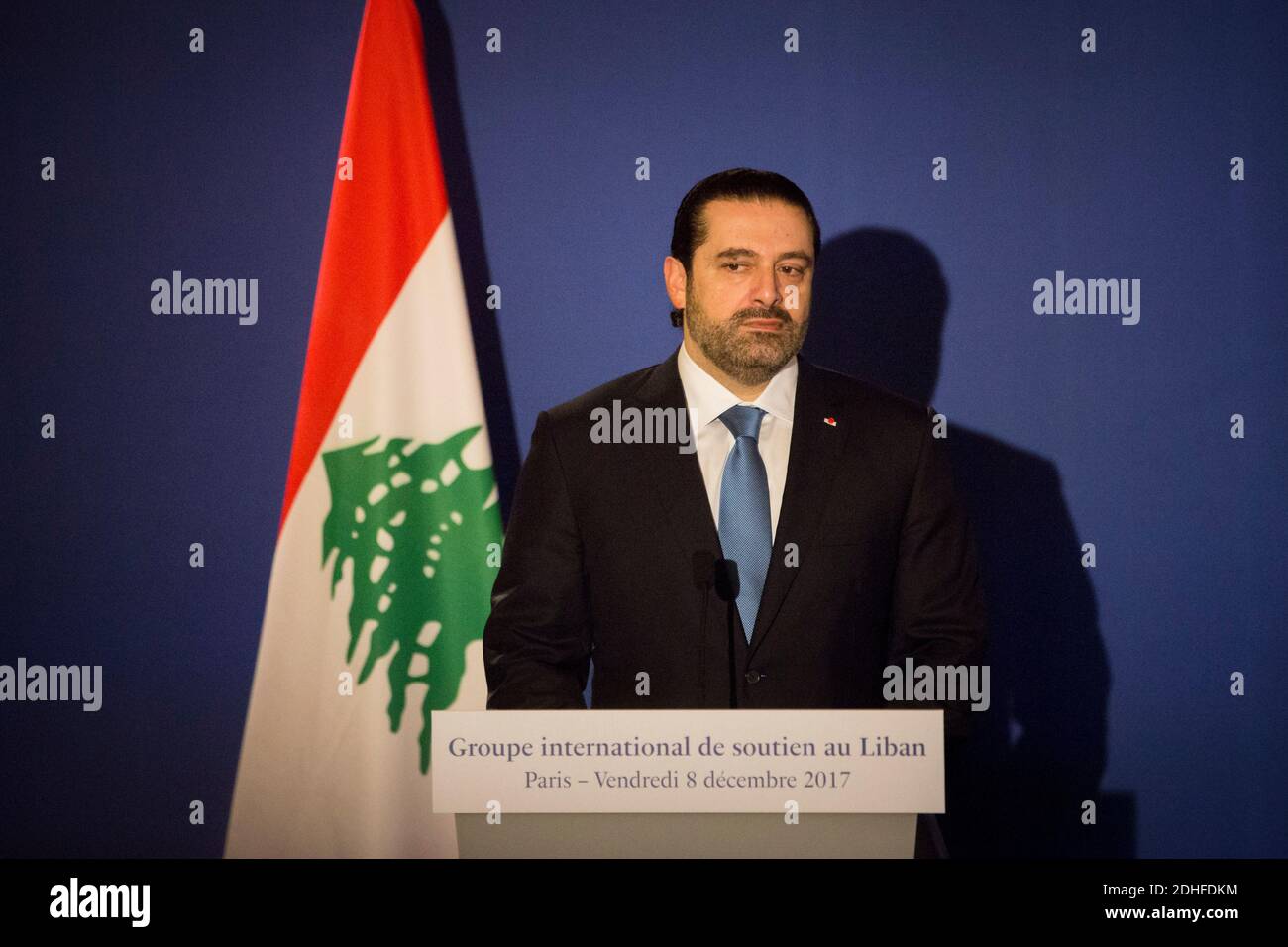 Il primo ministro libanese Saad Hariri ha tenuto un discorso durante una conferenza stampa.si tratta del primo grande incontro di nazioni chiave per discutere del futuro del Libano dopo lo scoppio di una crisi a seguito delle dimissioni shock di Hariri lo scorso mese in Arabia Saudita. Hariri ha da allora revocato le sue dimissioni. Parigi, Francia - 08/12/2017 il 8 dicembre 2017. Foto di Zihnioglu Kamil/pool/ABACAPRESS.COM Foto Stock