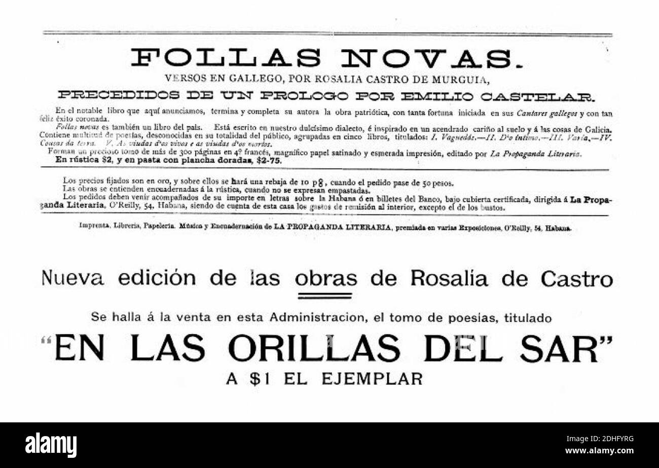 La Propaganda Literaria, Habana, publicidad de Follas Novas y en las Orillas del SAR, de Rosalía de Castro. Foto Stock