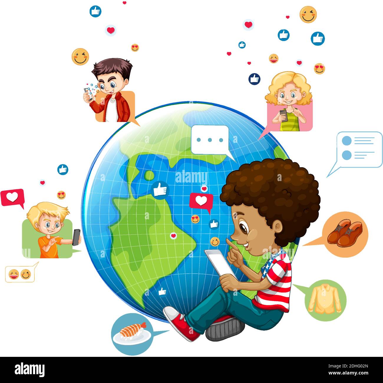 Bambini con elementi di social media sulla terra globo illustrazione Illustrazione Vettoriale