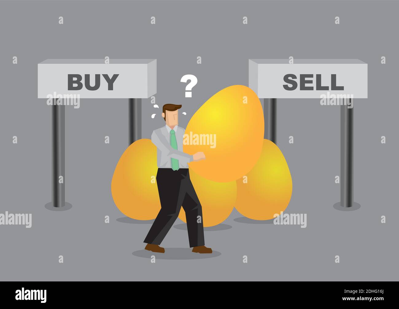 Uomo d'affari con uova d'oro non può decidere se vuole comprare o vendere i suoi beni. Concetto di investimento. Illustrazione vettoriale. Illustrazione Vettoriale