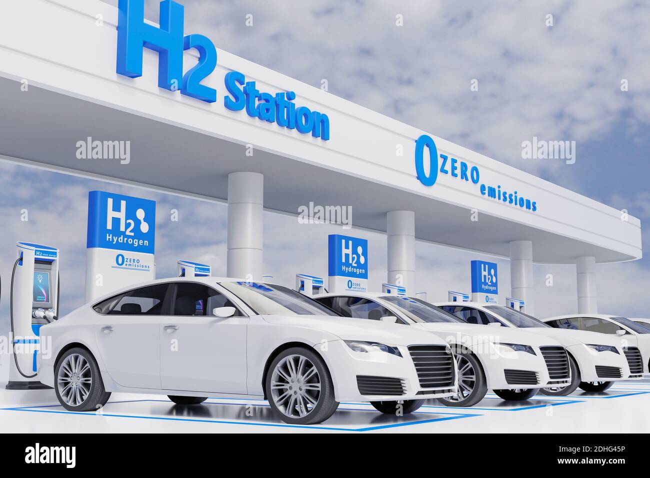 Impianto di ricarica per auto a idrogeno con design visivo di colore bianco. Illustrazione 3d Foto Stock