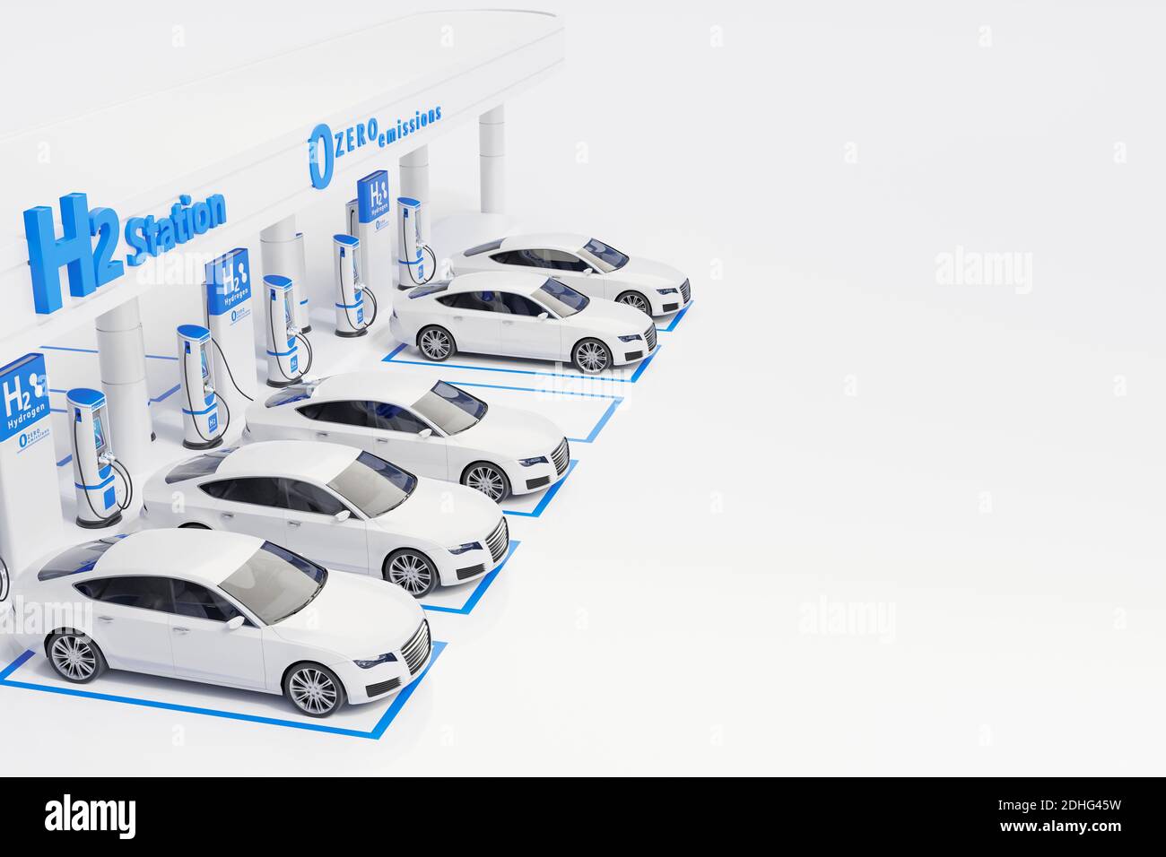 Impianto di ricarica per auto a idrogeno con design visivo di colore bianco. Illustrazione 3d Foto Stock