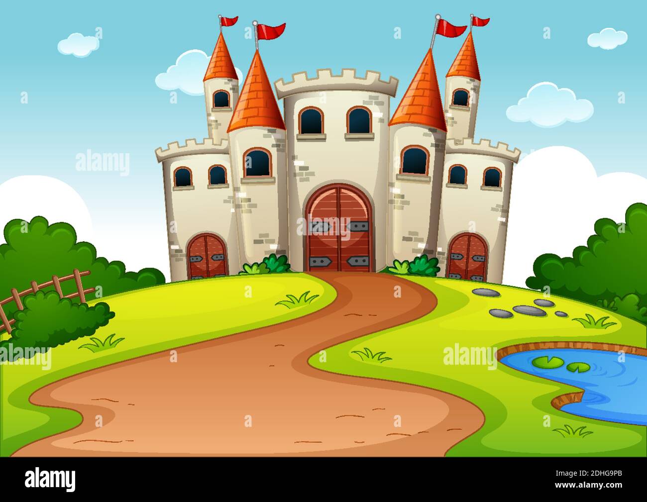 Castello torre fiabesca terra cartoni animati scena illustrazione Immagine  e Vettoriale - Alamy