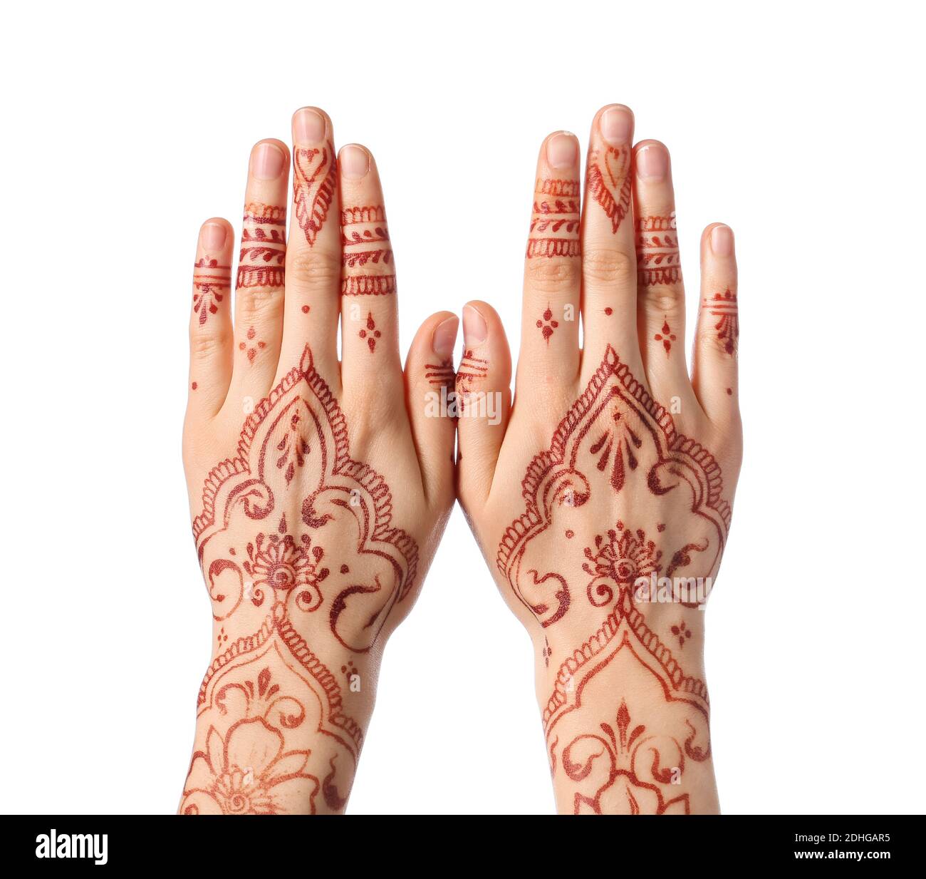 Belle mani femminili con tatuaggio di henné su sfondo bianco Foto stock -  Alamy