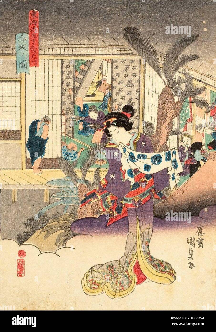 Kunisada, Akasaka dalla serie cinquantatre stazioni del Tokaido con bellezze, 1848. Foto Stock