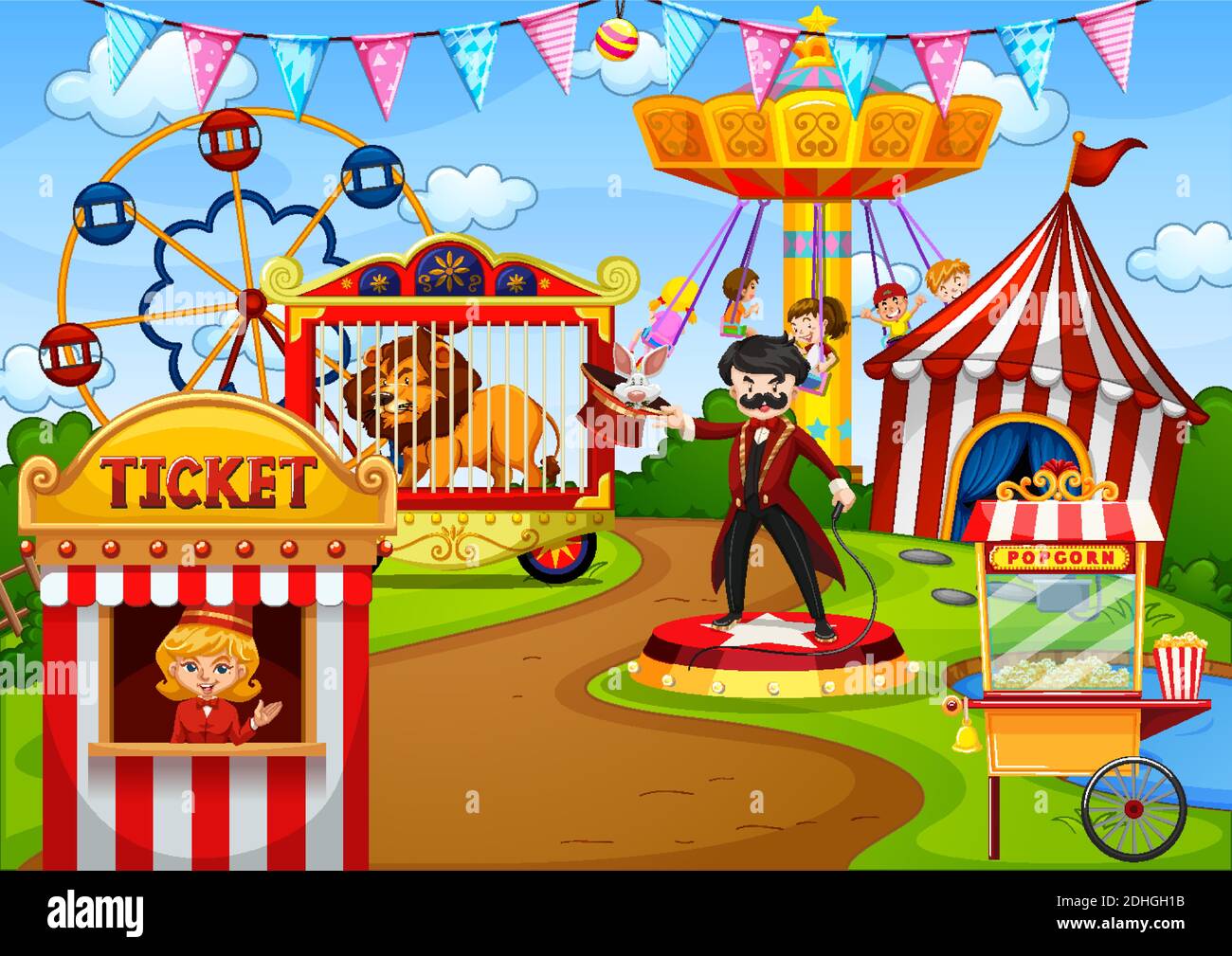 Parco divertimenti con circo in cartoni animati immagine scena stile  Immagine e Vettoriale - Alamy
