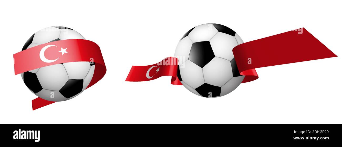 Palle per calcio, calcio classico in nastri con colori di bandiera turca. Elemento di design per le competizioni calcistiche. Nazionale turca. Isolato v Illustrazione Vettoriale