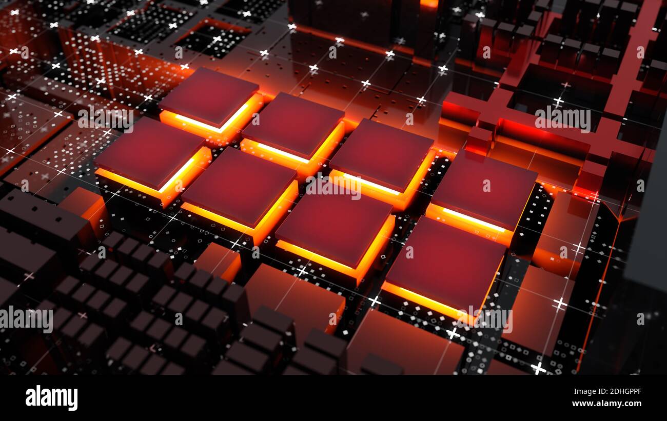 Concetto astratto dei processori per computer centrali. Illustrazione 3D Foto Stock