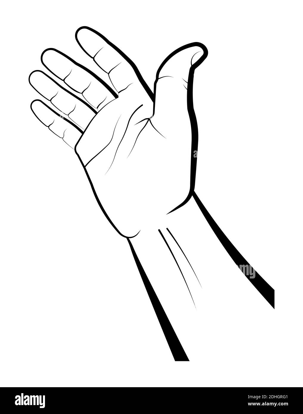 la mano umana indica la direzione del movimento. Gesto di una richiesta di aiuto. Regalo, presentazione. Vettore isolato su sfondo bianco Illustrazione Vettoriale