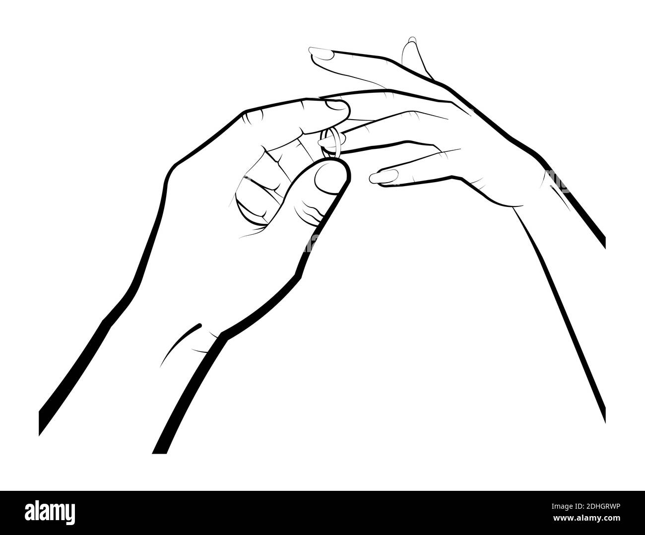 l'uomo mette un anello di nozze su un dito di womans. Matrimonio, famiglia, cerimonia nuziale. Palpebra isolata su sfondo bianco Illustrazione Vettoriale