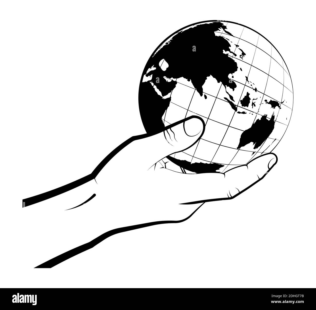 l'uomo tiene il globo in mano con cura. Scelta di una destinazione per il viaggio. Visione globale del mondo. Vettore isolato su sfondo bianco Illustrazione Vettoriale
