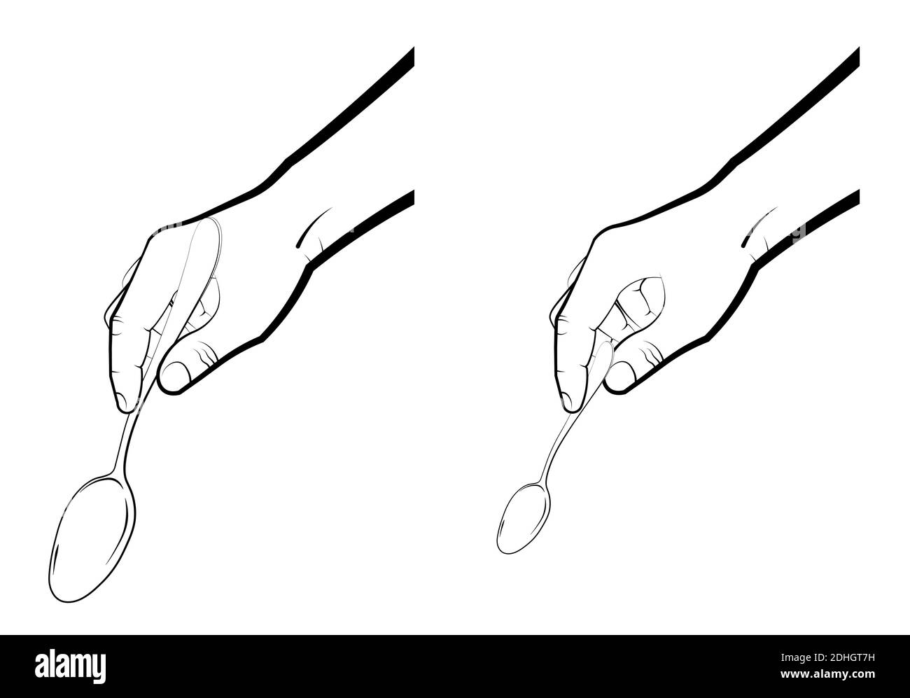 mans hand regge un cucchiaio grande e piccolo. Gesti realistici, cucina e bevande. Vettore isolato su sfondo bianco Illustrazione Vettoriale