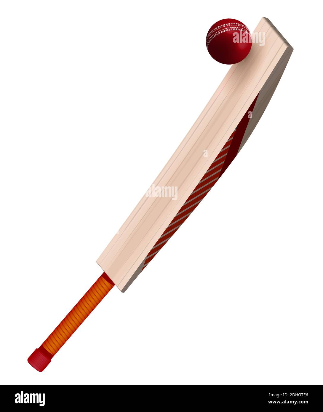 il bat di cricket in legno colpisce la palla di pelle rossa in uno stile realistico su sfondo bianco. Sport di squadra estivi. Vettore su sfondo bianco Illustrazione Vettoriale