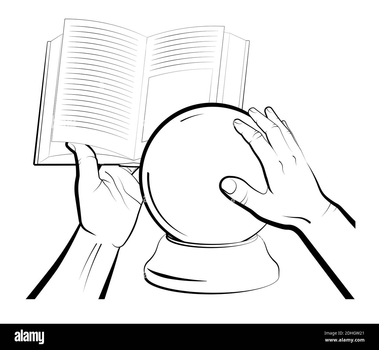 stregone sta leggendo un libro di ortografia sopra una sfera di cristallo. Oggetti e riti di magia e astrologia. Vettore isolato su sfondo bianco Illustrazione Vettoriale