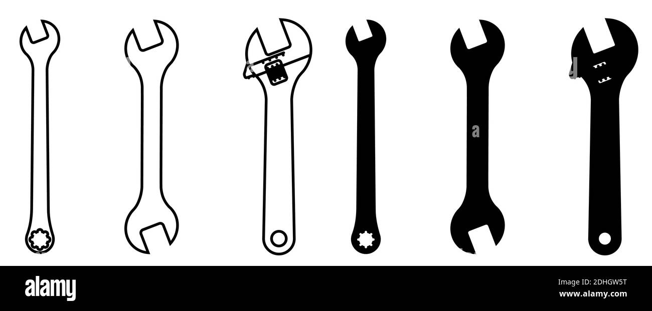 chiavi per la riparazione di varie forme. set di icone in bianco e nero Illustrazione Vettoriale