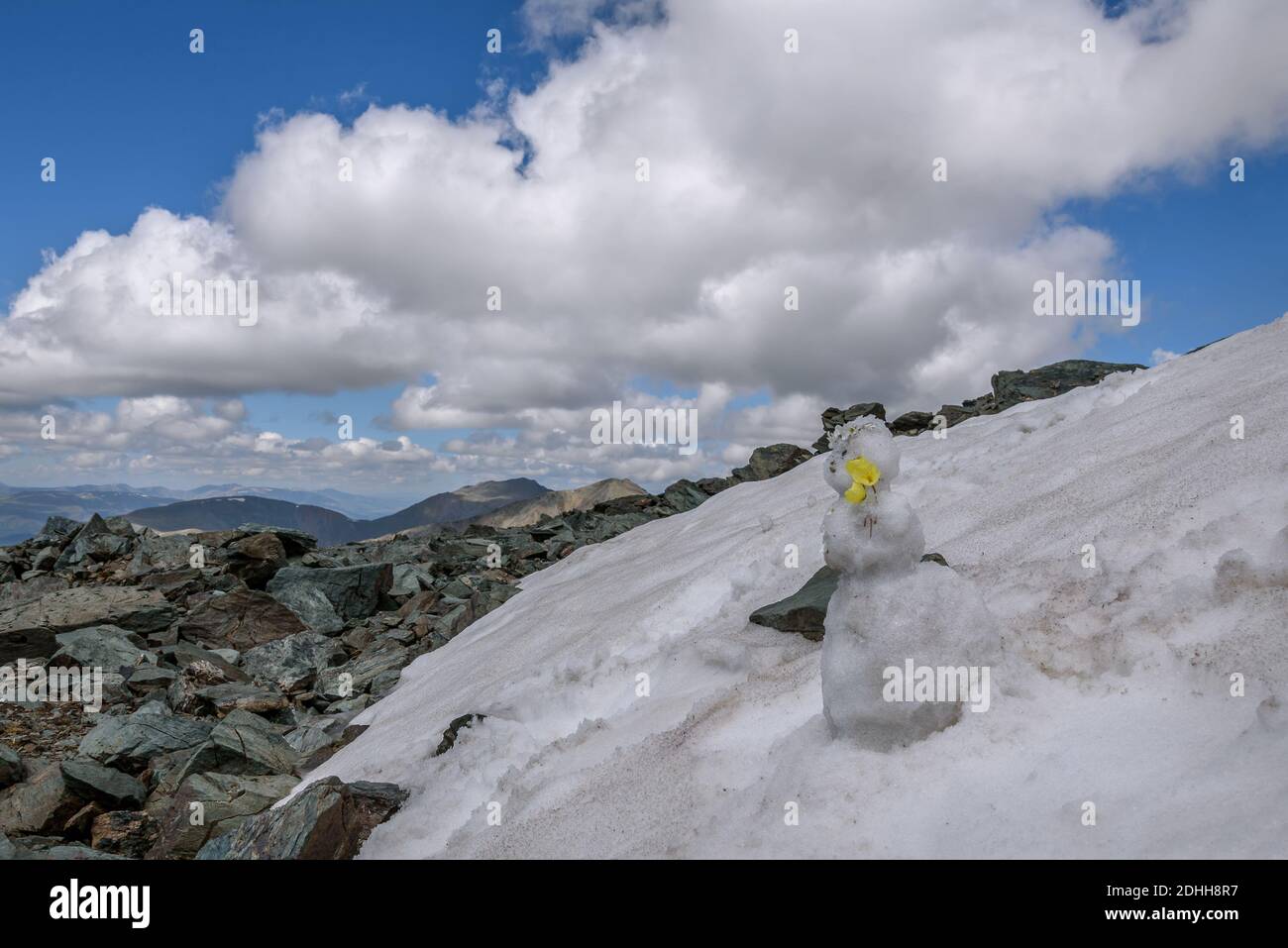 Pupazzo di neve carino con una corona di fiori e un bouquet di papaveri polari sulla neve alta nel montagne sullo sfondo di cime di montagna Foto Stock