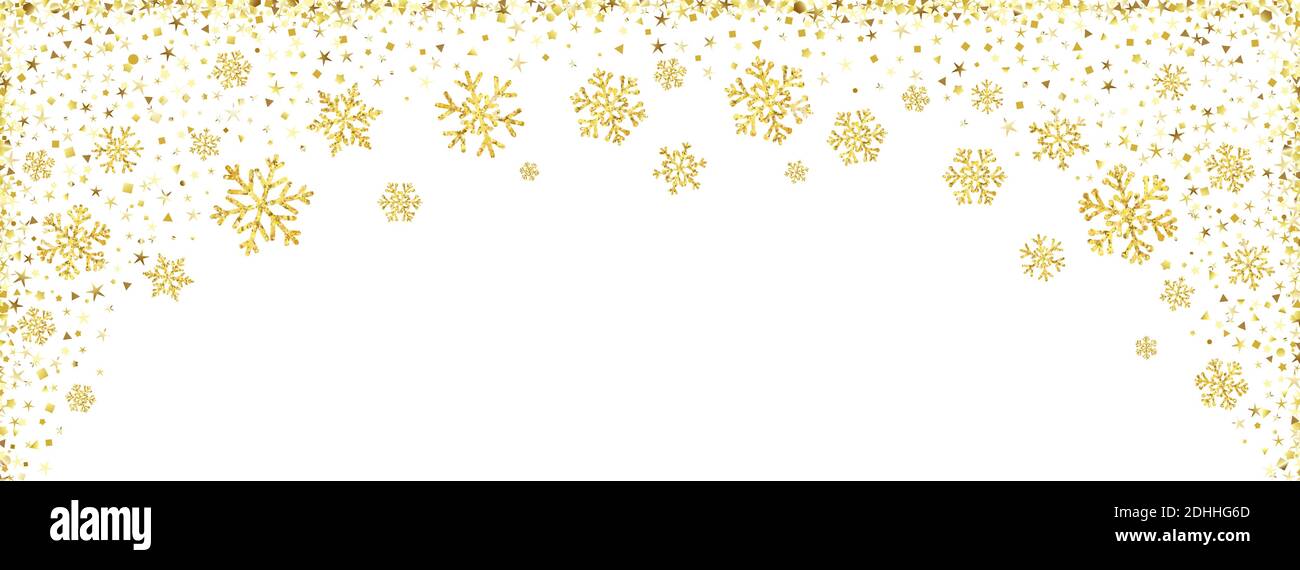 Decorazione dorata bordo festoso che cade polvere, neve e stelle. Buon Natale vendita banner, offerta speciale con fiocco di neve d'oro su sfondo bianco Illustrazione Vettoriale