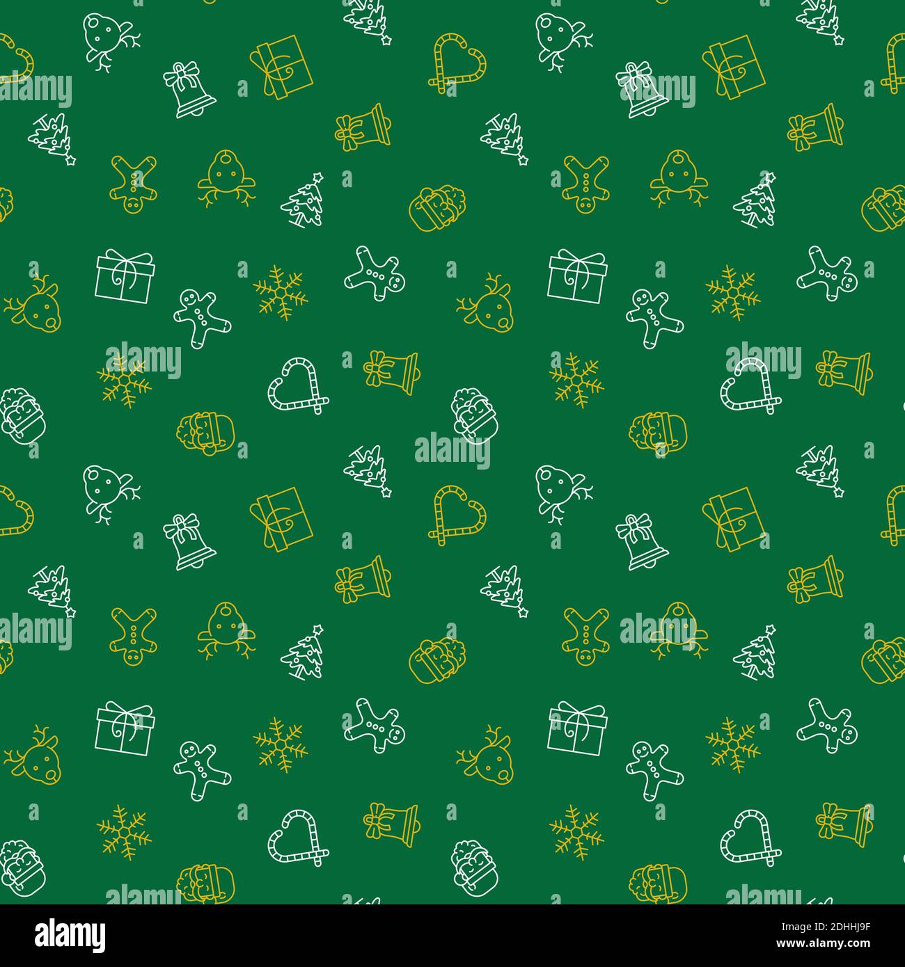 Modello vettoriale senza giunture natalizie con babbo natale, pan di zenzero, renna, confezione regalo, albero di natale e altri simboli su sfondo verde Illustrazione Vettoriale