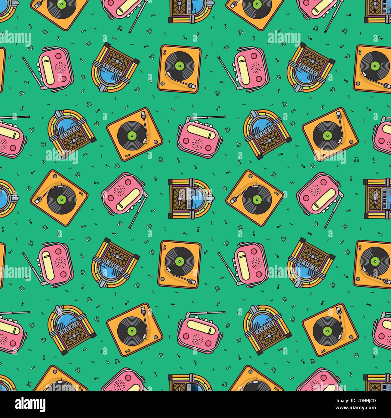 Musica retrò e tecnologia audio motivo senza interruzioni con giradischi, radio, jukebox. Sfondo vettoriale colorato. Illustrazione Vettoriale