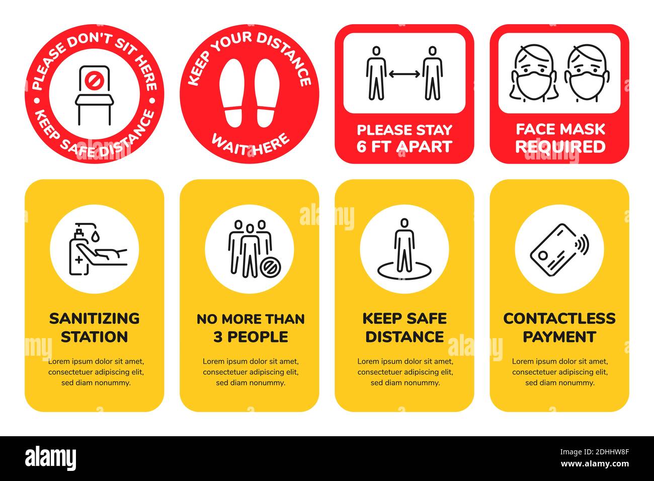 Segnaletica di allontanamento sociale. Conservare il poster delle distanze per il negozio o il trasporto. Maschera richiesta, non sedersi qui e carta di pagamento segno vettore impostato Illustrazione Vettoriale