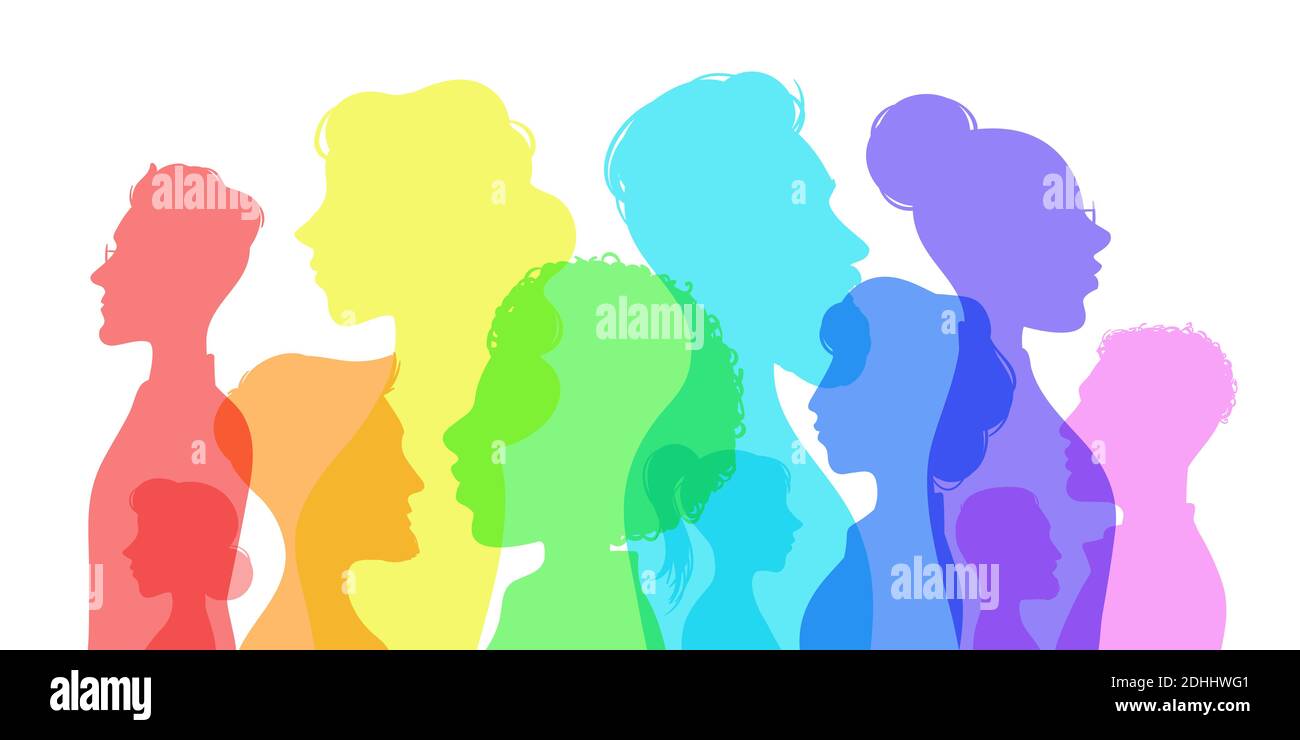 Silhouette diversità sociale. Persone di cultura diversa. Profilo del gruppo uomini e donne. Uguaglianza razziale nel concetto vettoriale della società multiculturale Illustrazione Vettoriale