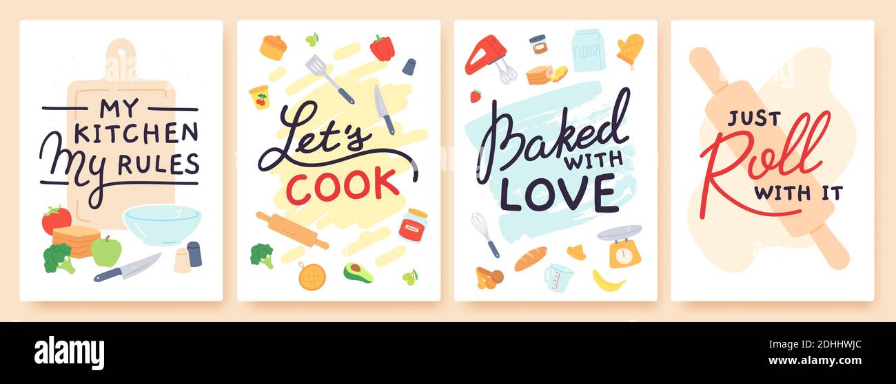 Poster di cucina. Stampe da cucina con utensili, ingredienti e citazioni ispiratrici. Cotto con amore. Set vettoriale lezione di preparazione del cibo Illustrazione Vettoriale