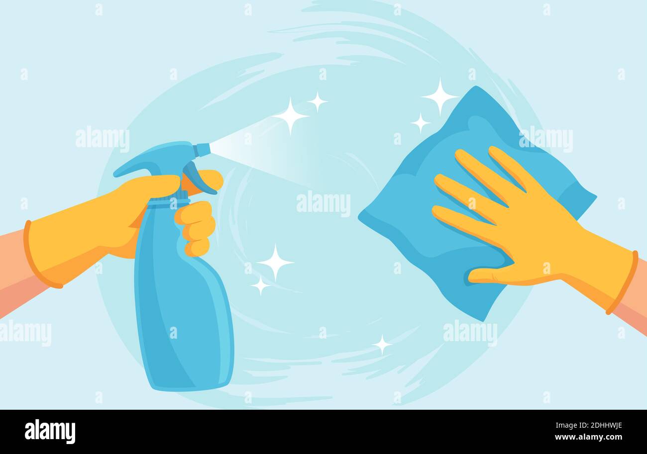 Pulizia della superficie. Mani in guanti pulire con spray e strofinare. Igienizzare la casa da virus e batteri. Concetto di vettore di prevenzione del coronavirus Illustrazione Vettoriale