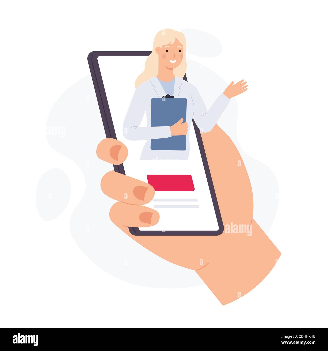 Smartphone con medico online. Telefono portatile con medic donna virtuale sullo schermo. App mobile medica per concetto vettoriale di consultazione sanitaria Illustrazione Vettoriale