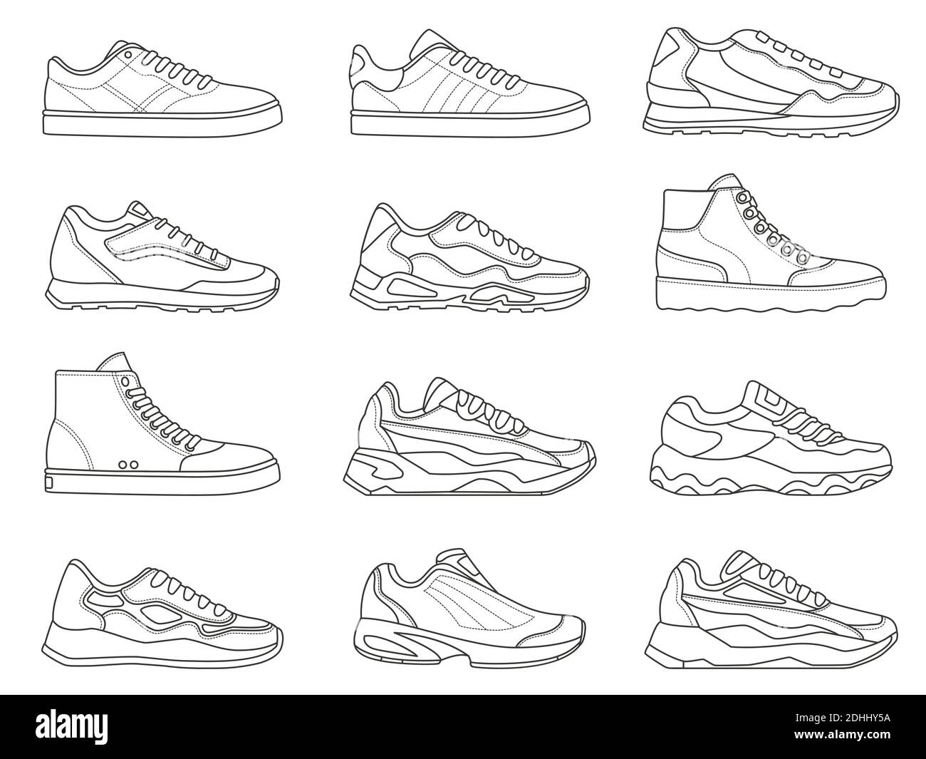 Icona sneakers. Outline tipi di scarpe sportive per running e fitness.  Simboli sneaker minimalisti. Design di moda del set vettoriale di calzature  da palestra Immagine e Vettoriale - Alamy