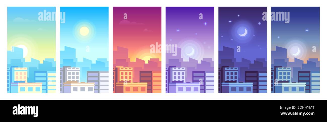 Paesaggio della città. L'alba diurna del paesaggio urbano, il giorno, il tramonto e lo skyline notturno della città, gli edifici in tempi diversi Illustrazione Vettoriale