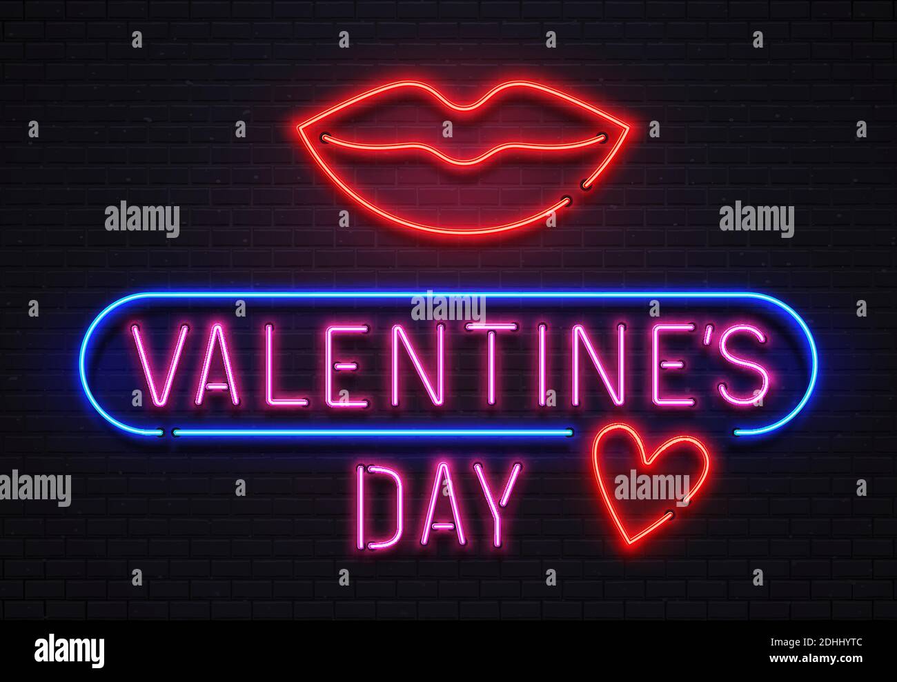 Simbolo al neon brillante che indica il giorno delle valentine con le labbra grandi rosse e il cuore per la vacanza. Cartello luminoso Illustrazione Vettoriale