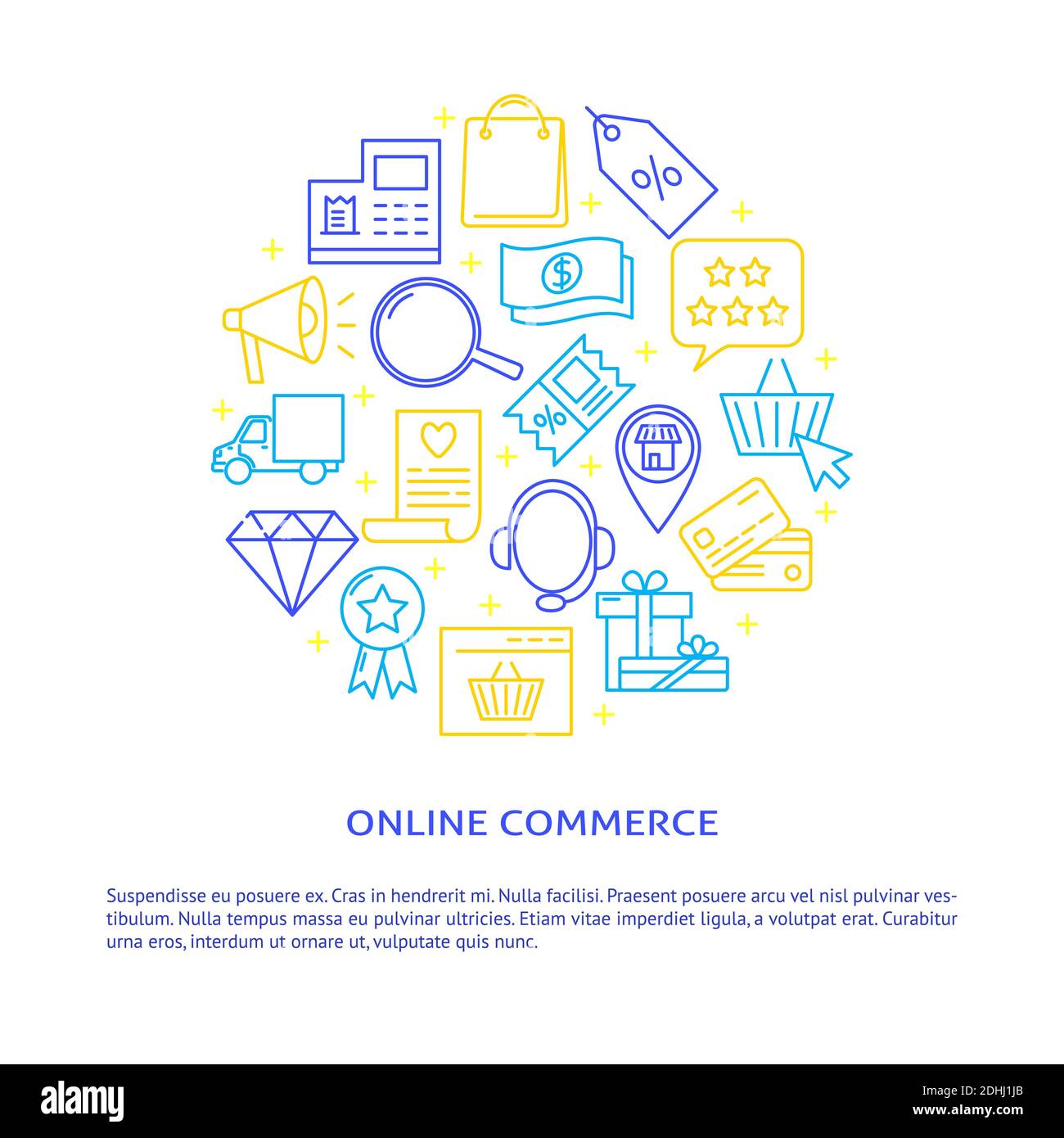 Banner di concetto rotondo di commercio online con posto per il testo. Poster commerciale con simboli di internet shop in stile linea. Illustrazione vettoriale. Illustrazione Vettoriale