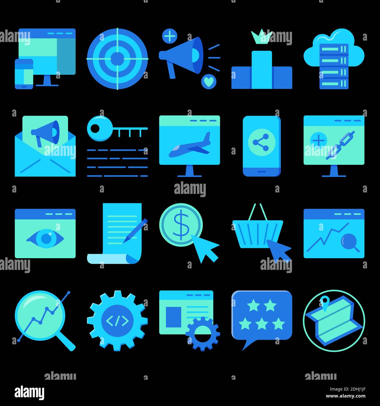 Icona SEO impostata in stile piatto. Simboli di ottimizzazione dei motori di ricerca. Marketing digitale e raccolta di sviluppo web. Illustrazione vettoriale. Illustrazione Vettoriale