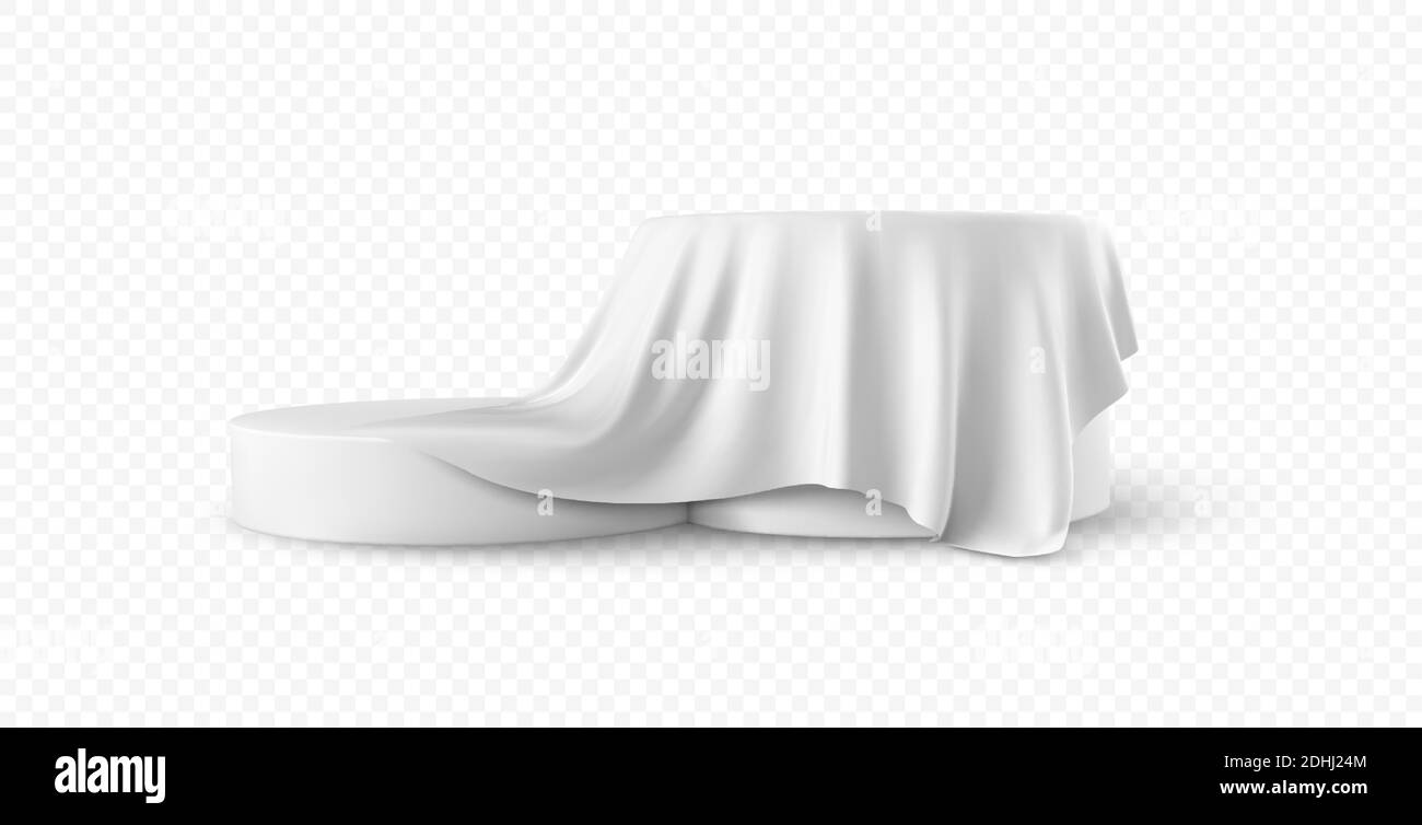 Realistico 3d rotondo bianco prodotto display podio coperto tessuto tendaggi pieghe isolato su sfondo bianco. Illustrazione vettoriale Illustrazione Vettoriale