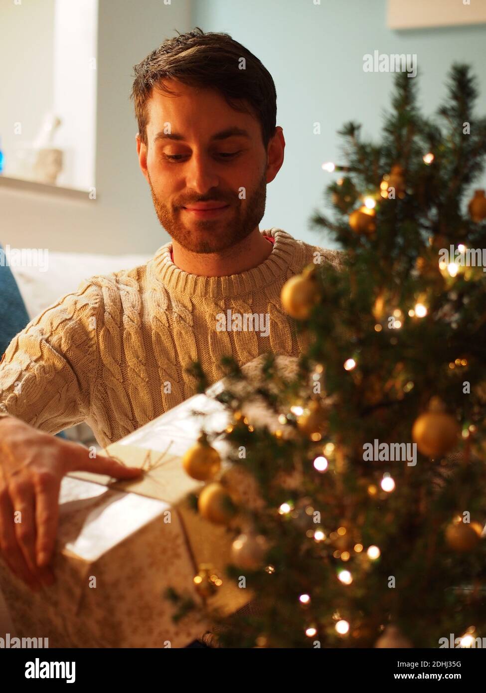 Giovane caucasico accanto ad un albero di Natale in un maglione di lana che tiene un regalo nelle sue mani. Gode le vacanze in una casa accogliente. Foto Stock