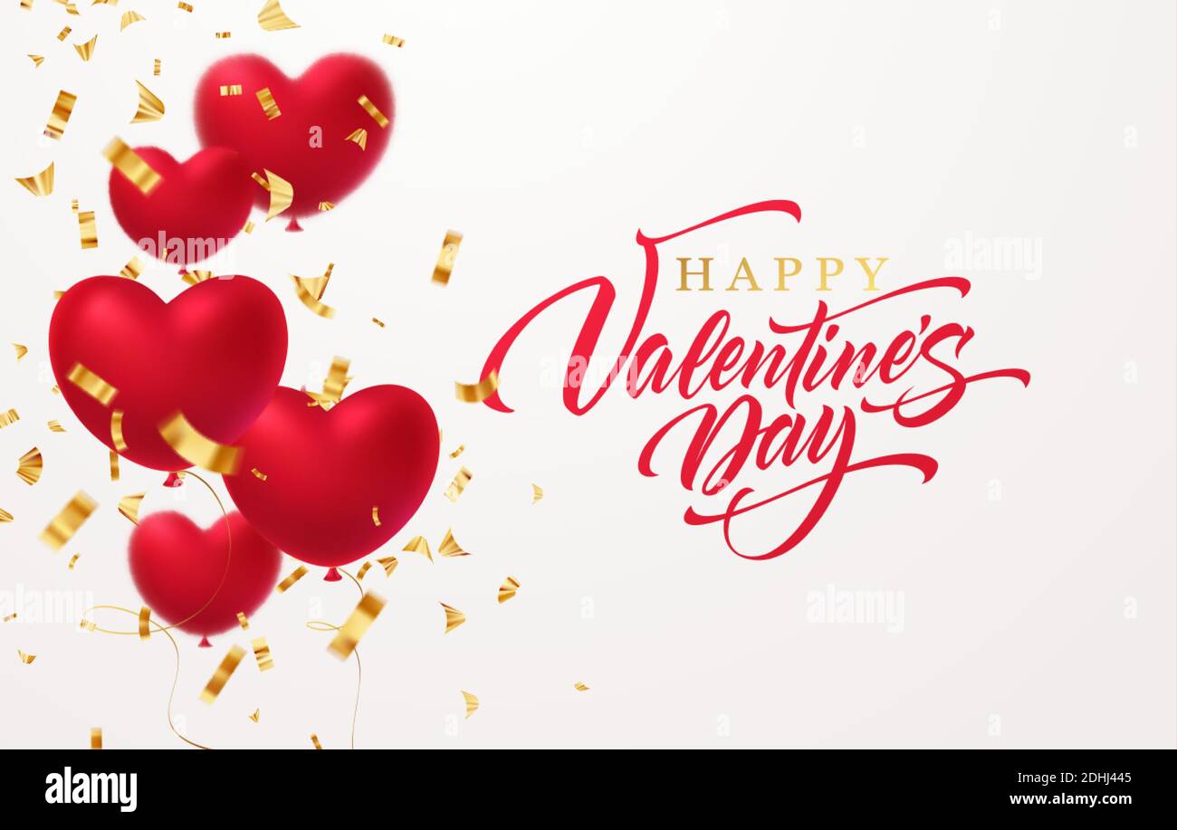 Palloncini rossi a forma di cuore scintillante con scritta in confetti dorati scintillanti Happy San Valentino isolato su sfondo bianco illustrazione vettoriale Illustrazione Vettoriale