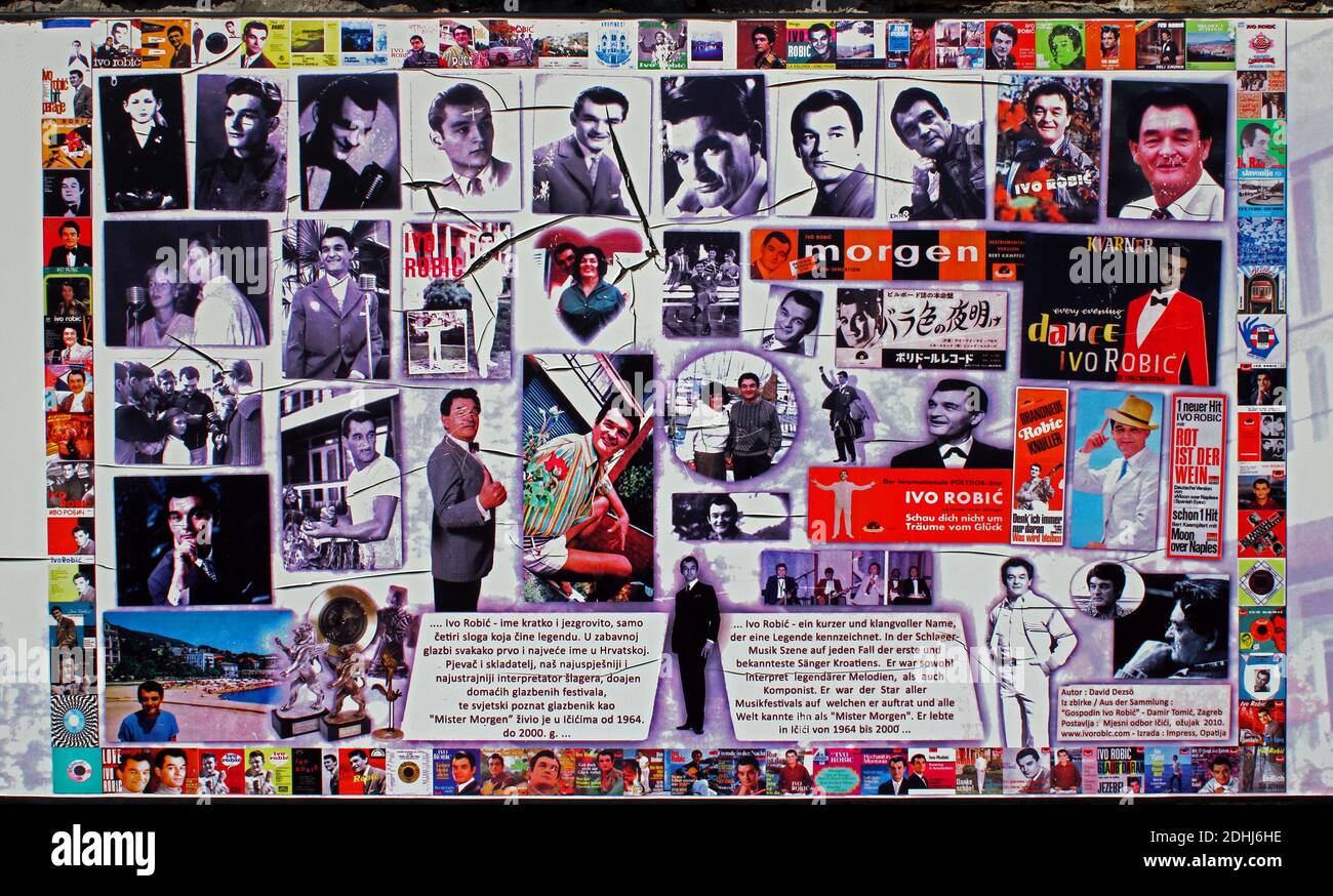Passeggiata sul lungomare attraverso Icici con il collage di memorie al famoso cantante, compositore e performer Ivo Robic, Croazia Foto Stock