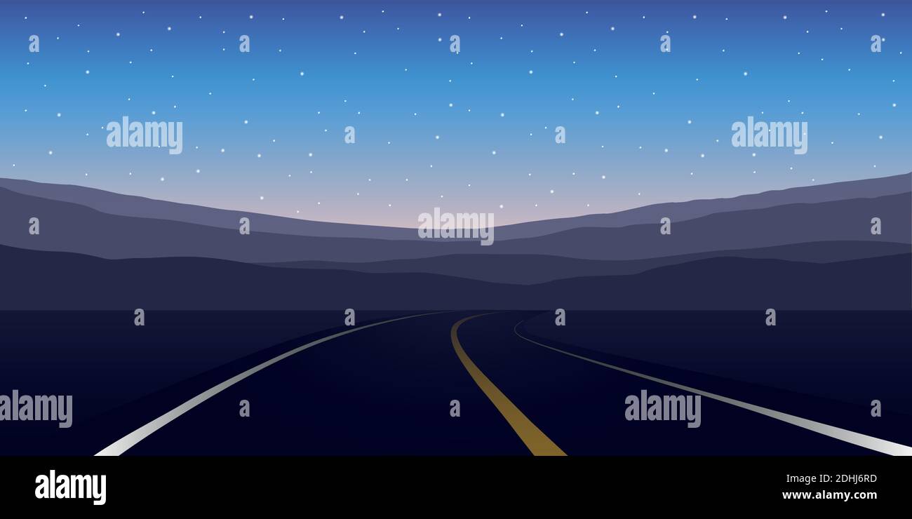 Asfalto direzione strada montagne di notte vettore illustrazione EPS10 Illustrazione Vettoriale